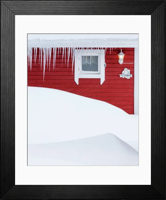 Framed Print : Icicles and snow on a red timber house, Bergsbotn, Senja, Norway