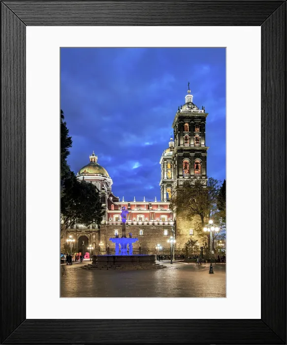 Framed Print : Fountain of Saint Michael the Archangel and Our Lady of the Immaculate Conception Cathedral Basilica, Zocalo Main Square, dusk, City of Puebla, Puebla State, Mexico