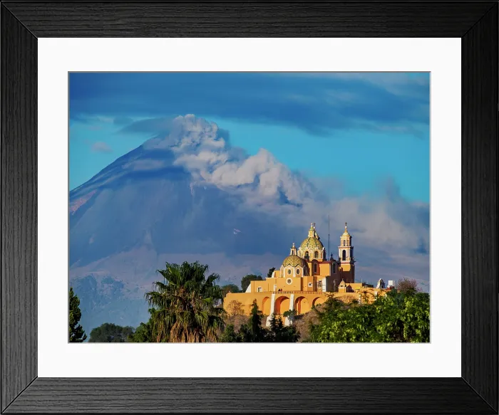 Framed Print : Nuestra Senora de los Remedios Church on top of the Great Pyramid with Popocatepetl Volcano in the background, Cholula, Puebla State, Mexico
