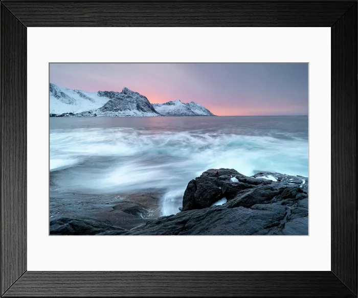 Framed Print : Steinfjord and snow-covered mountains at sunset in winter, from Tungeneset, Senja Island, Norway