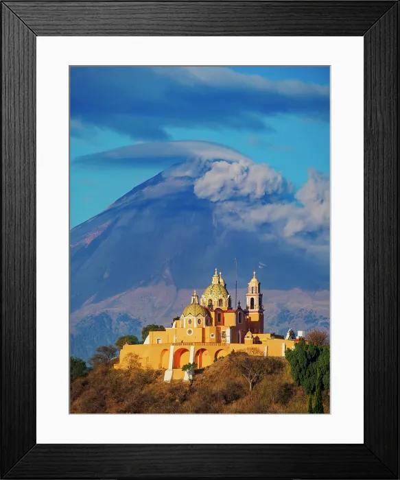 Framed Print : Nuestra Senora de los Remedios Church on top of the Great Pyramid with Popocatepetl Volcano in the background, Cholula, Puebla State, Mexico Framed Print : Nuestra Senora de los Remedios Church on top of the Great Pyramid with Popocatepetl Volcano in the background, Cholula, Puebla State, Mexico