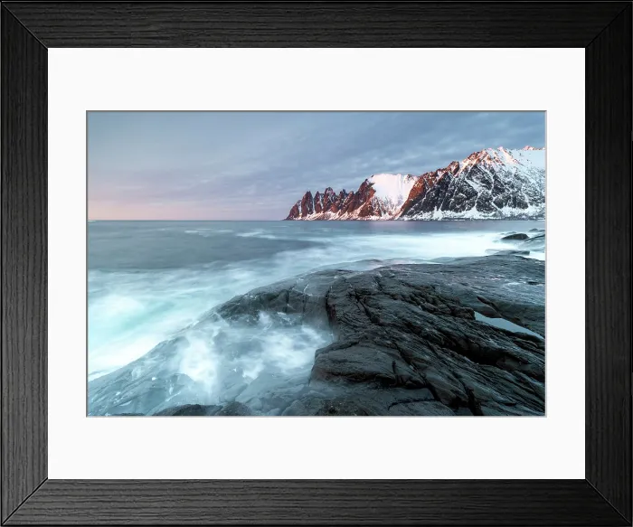 Framed Print : View along the coastline at sunset towrds the Devil's Teeth (Okshornan Peaks) in winter, Tungeneset, Senja Island, Norway Framed Print : View along the coastline at sunset towrds the Devil's Teeth (Okshornan Peaks) in winter, Tungeneset, Senja Island, Norway