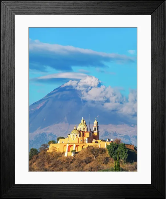 Framed Print : Nuestra Senora de los Remedios Church on top of the Great Pyramid with Popocatepetl Volcano in the background, Cholula, Puebla State, Mexico Framed Print : Nuestra Senora de los Remedios Church on top of the Great Pyramid with Popocatepetl Volcano in the background, Cholula, Puebla State, Mexico
