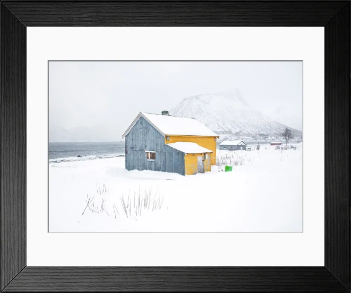 Framed Print : Old yellow and blue timber house in the snow, Senjahopen, Senja, Norway Framed Print : Old yellow and blue timber house in the snow, Senjahopen, Senja, Norway