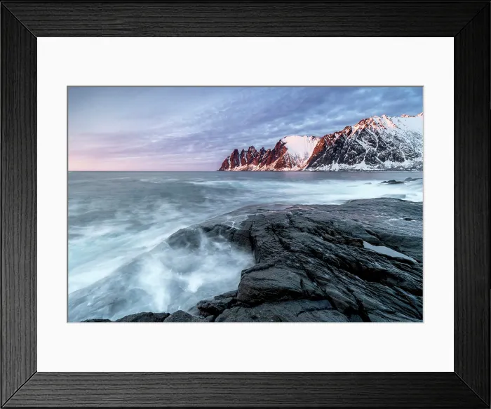 Framed Print : View along the coastline at sunset towrds the Devil's Teeth (Okshornan Peaks) in winter, Tungeneset, Senja Island, Norway Framed Print : View along the coastline at sunset towrds the Devil's Teeth (Okshornan Peaks) in winter, Tungeneset, Senja Island, Norway