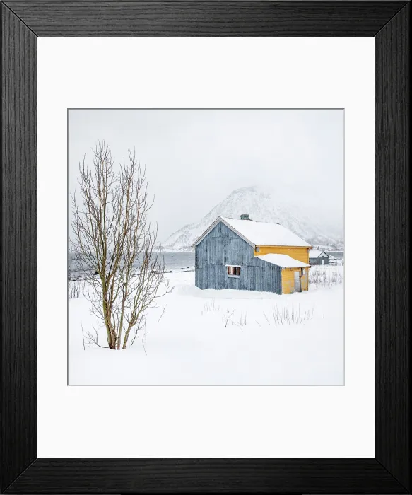 Framed Print : Old yellow and blue timber house in the snow, Senjahopen, Senja, Norway