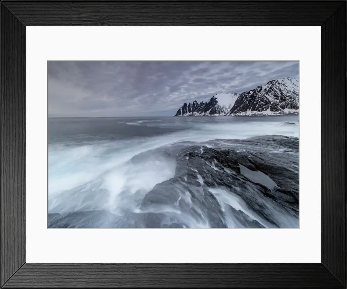 Framed Print : View along the coastline in winter towrds the Devil's Teeth (Okshornan Peaks), Tungeneset, Senja Island, Norway Framed Print : View along the coastline in winter towrds the Devil's Teeth (Okshornan Peaks), Tungeneset, Senja Island, Norway