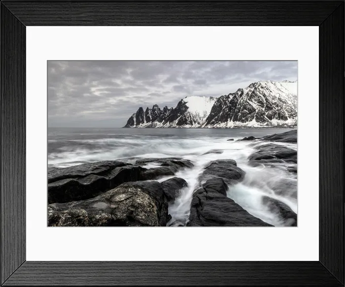 Framed Print : View along the coastline to the Devil's Teeth (Okshornan Peaks) in winter, Tungeneset, Senja Island, Norway Framed Print : View along the coastline to the Devil's Teeth (Okshornan Peaks) in winter, Tungeneset, Senja Island, Norway