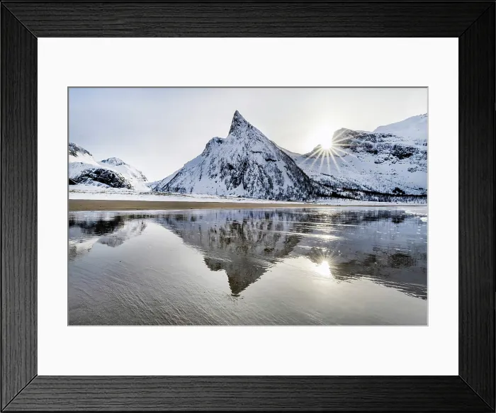 Framed Print : Snow covered Hatten mountain reflecting in wet sand on the beach at Ersfjord, Senja island, Troms county, Norway Framed Print : Snow covered Hatten mountain reflecting in wet sand on the beach at Ersfjord, Senja island, Troms county, Norway
