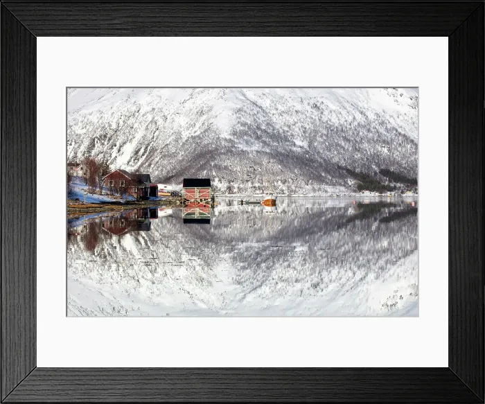 Framed Print : Snow-covered mountains with a perfect reflection in flat calm waters of Sorfjorden, island of Kvaloya, near Tromso, Norway Framed Print : Snow-covered mountains with a perfect reflection in flat calm waters of Sorfjorden, island of Kvaloya, near Tromso, Norway