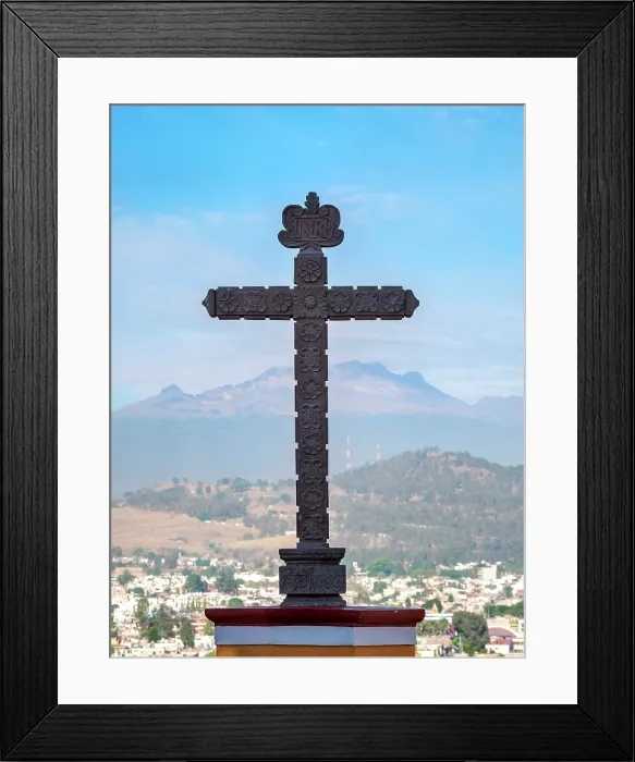 Framed Print : Cross in front of the Nuestra Senora de los Remedios Church on top of the Great Pyramid, Iztaccihuatl Volcano in the background, Cholula, Puebla State, Mexico Framed Print : Cross in front of the Nuestra Senora de los Remedios Church on top of the Great Pyramid, Iztaccihuatl Volcano in the background, Cholula, Puebla State, Mexico