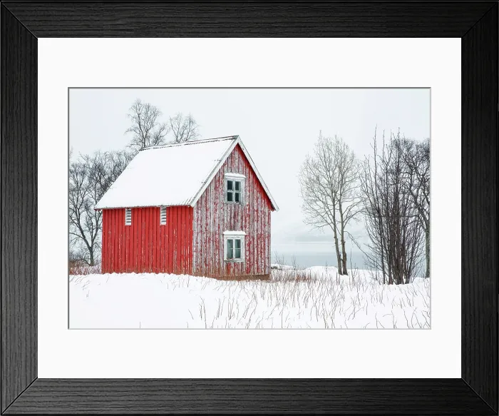 Framed Print : Red timber rorbu (cabin) in the snow, Bergsbotn, Senja, Norway