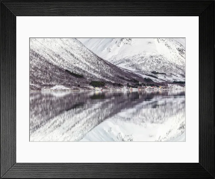 Framed Print : Snow-covered mountains with a perfect reflection in flat calm waters of Sorfjorden, island of Kvaloya, near Tromso, Norway Framed Print : Snow-covered mountains with a perfect reflection in flat calm waters of Sorfjorden, island of Kvaloya, near Tromso, Norway
