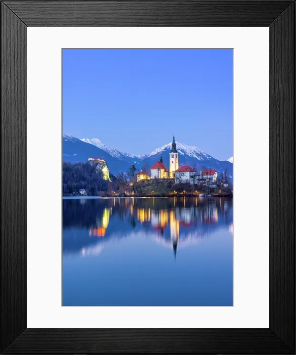 Framed Print : Lake Bled, Bled Island and Bled Castle with Snow Capped Julian Alps at Dusk, Slovenia, Eastern Europe Framed Print : Lake Bled, Bled Island and Bled Castle with Snow Capped Julian Alps at Dusk, Slovenia, Eastern Europe