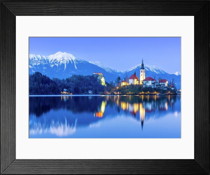 Framed Print : Lake Bled, Bled Island and Bled Castle with Snow Capped Julian Alps at Dusk, Slovenia, Eastern Europe Framed Print : Lake Bled, Bled Island and Bled Castle with Snow Capped Julian Alps at Dusk, Slovenia, Eastern Europe