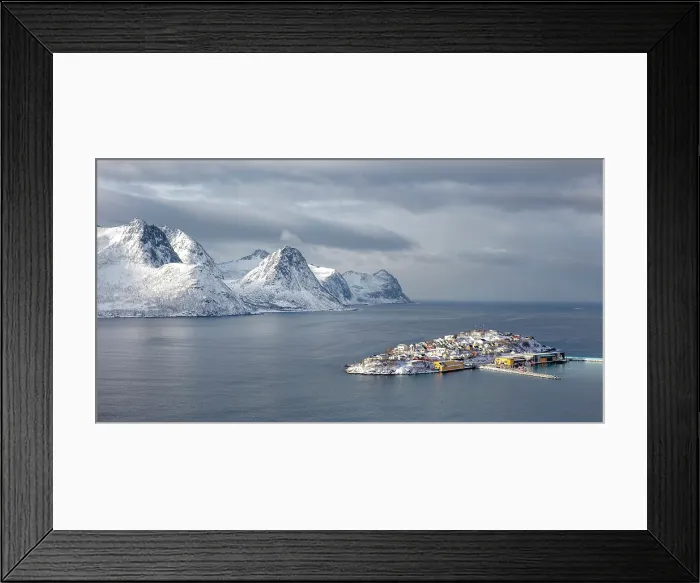 Framed Print : The tiny island and fishing village of Husoy in winter, Senja, Troms county, Norway Framed Print : The tiny island and fishing village of Husoy in winter, Senja, Troms county, Norway