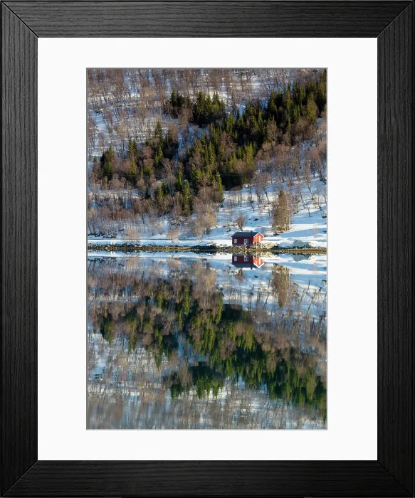 Framed Print : Red timber hut (rorbu) and snowy hillside reflecting in flat calm water, island of Kvaloya, near Tromso, Norway Framed Print : Red timber hut (rorbu) and snowy hillside reflecting in flat calm water, island of Kvaloya, near Tromso, Norway