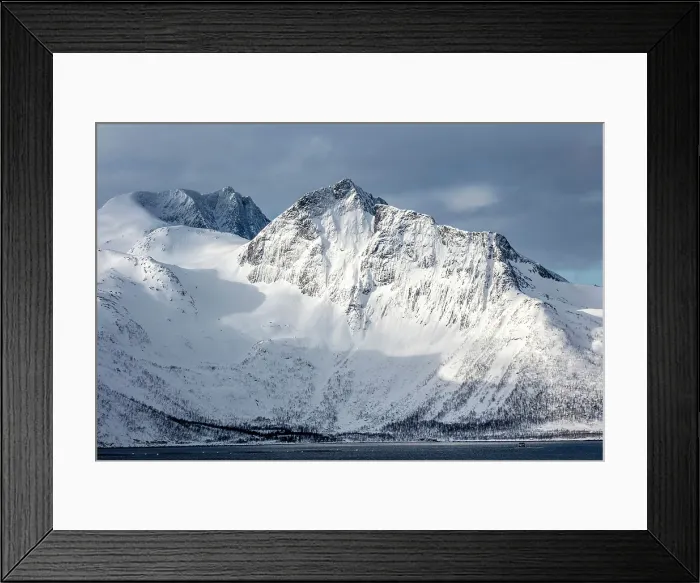 Framed Print : Snow-covered mountains rising up behind Mefjordbotn, Senja, Norway Framed Print : Snow-covered mountains rising up behind Mefjordbotn, Senja, Norway