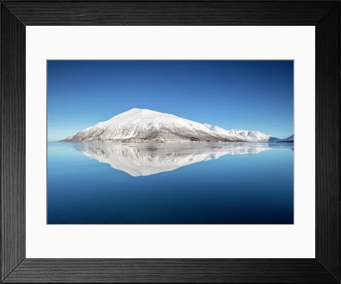 Framed Print : Snow-covered mountains with a perfect reflection in flat calm waters, island of Kvaloya, near Tromso, Norway Framed Print : Snow-covered mountains with a perfect reflection in flat calm waters, island of Kvaloya, near Tromso, Norway