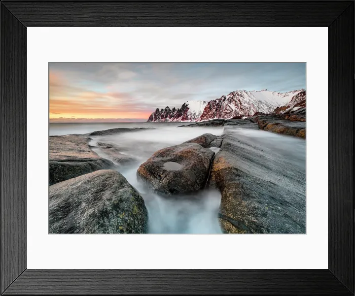 Framed Print : View along the coastline at sunset towrds the Devil's Teeth (Okshornan Peaks) in winter, Tungeneset, Senja Island, Norway Framed Print : View along the coastline at sunset towrds the Devil's Teeth (Okshornan Peaks) in winter, Tungeneset, Senja Island, Norway