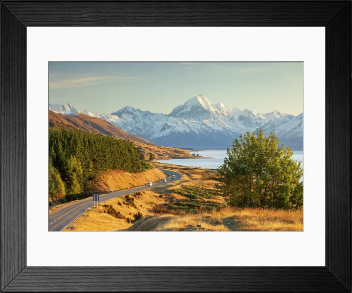 Framed Print : Camper Vans heading along a winding road towards Mount Cook, Canterbury, South Island, New Zealand. Autumn (May) 2025 Framed Print : Camper Vans heading along a winding road towards Mount Cook, Canterbury, South Island, New Zealand. Autumn (May) 2025