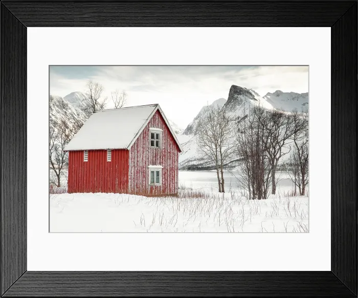 Framed Print : Red timber rorbu (cabin) in the snow, Bergsbotn, Senja, Norway