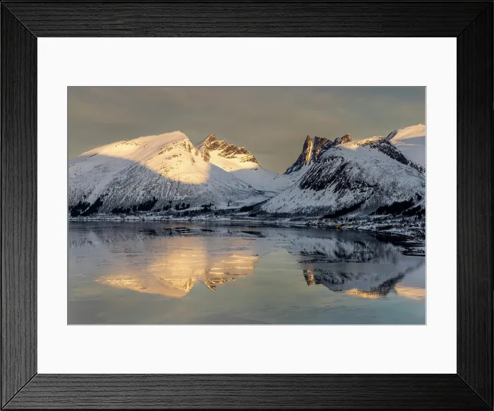 Framed Print : Snow-covered mountains reflecting in Bergsfjord from theBergsbotn viewpoint, Senja, Troms county, Norway Framed Print : Snow-covered mountains reflecting in Bergsfjord from theBergsbotn viewpoint, Senja, Troms county, Norway