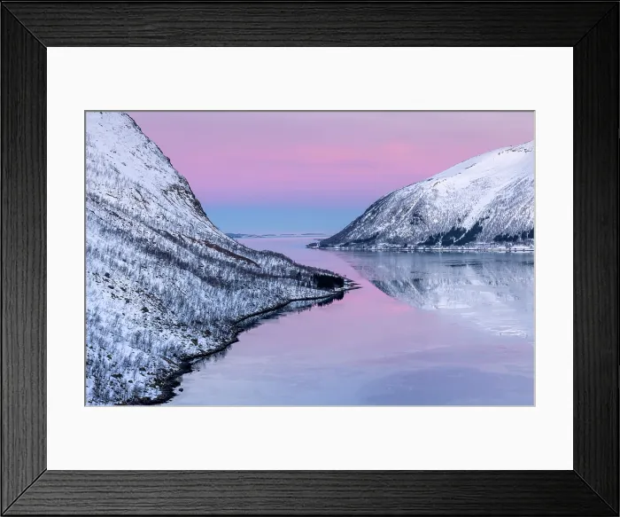 Framed Print : Snow-covered hills reflecting in Bergsfjord from theBergsbotn viewpoint, Senja, Troms county, Norway Framed Print : Snow-covered hills reflecting in Bergsfjord from theBergsbotn viewpoint, Senja, Troms county, Norway