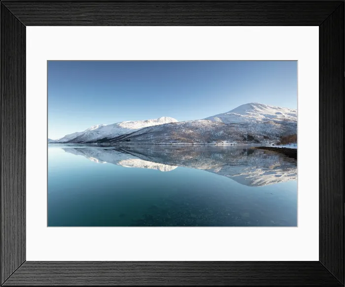Framed Print : Snow-covered mountains with a perfect reflection in flat calm waters of a fjord, island of Kvaloya, near Tromso, Norway Framed Print : Snow-covered mountains with a perfect reflection in flat calm waters of a fjord, island of Kvaloya, near Tromso, Norway