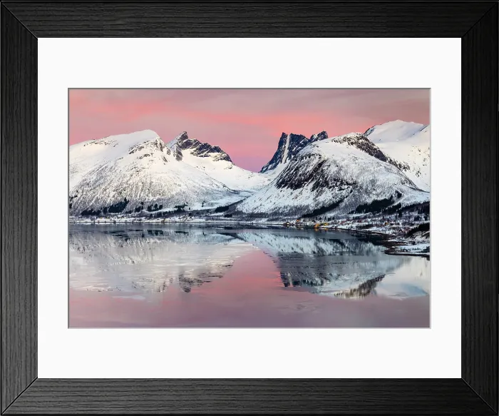 Framed Print : Snow-covered mountains reflecting in Bergsfjord from theBergsbotn viewpoint, Senja, Troms county, Norway