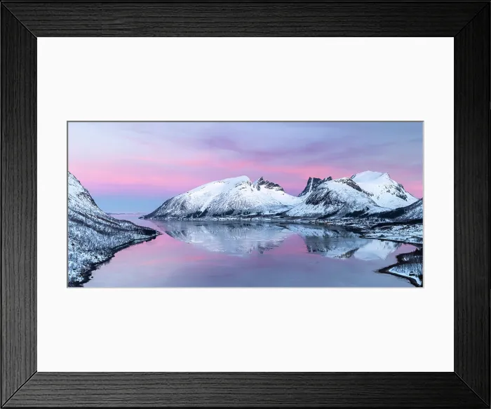 Framed Print : Snow-covered mountains reflecting in Bergsfjord from theBergsbotn viewpoint, Senja, Troms county, Norway