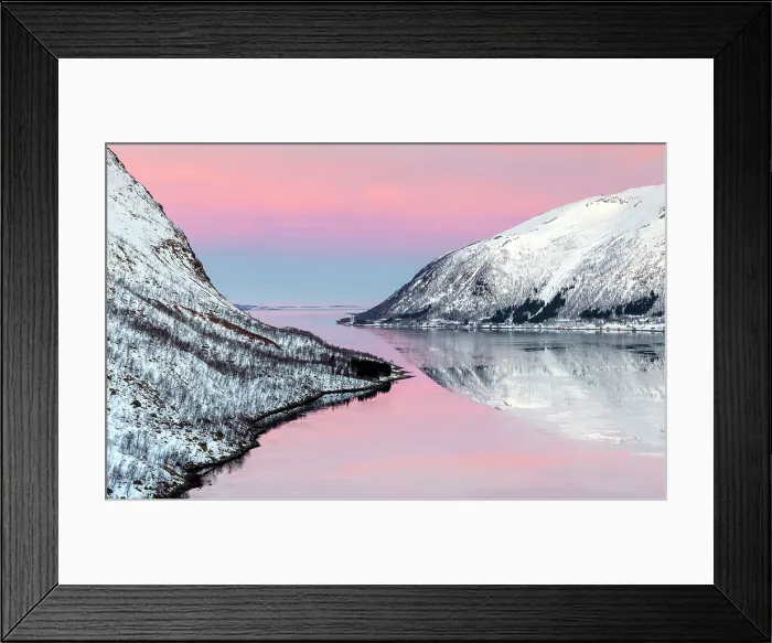 Framed Print : Snow-covered hills reflecting in Bergsfjord from theBergsbotn viewpoint, Senja, Troms county, Norway