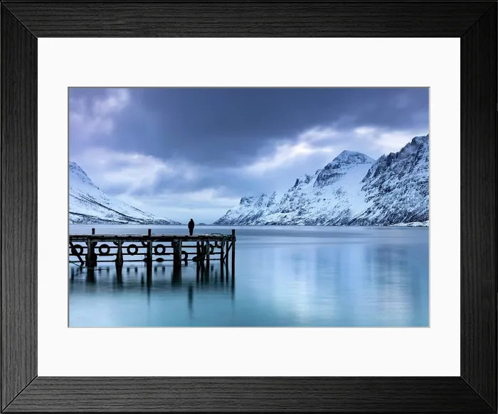 Framed Print : Lone figure standing on a jetty at dusk, Ersfjorden, Ersfjordbotn, island of Kvaloya, near Tromos, Norway Framed Print : Lone figure standing on a jetty at dusk, Ersfjorden, Ersfjordbotn, island of Kvaloya, near Tromos, Norway