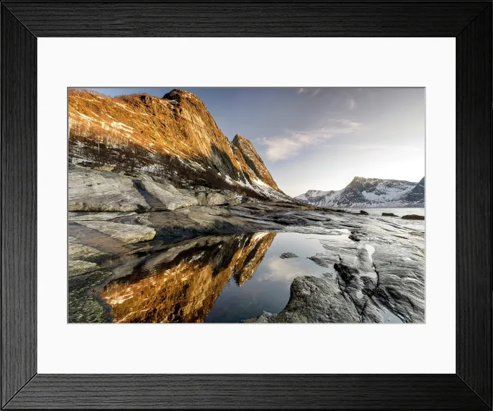 Framed Print : View towards Steinfjord and snow-covered mountains at sunset in winter, from Tungeneset, Senja Island, Norway Framed Print : View towards Steinfjord and snow-covered mountains at sunset in winter, from Tungeneset, Senja Island, Norway
