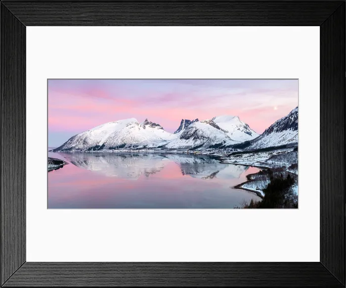 Framed Print : Snow-covered mountains reflecting in Bergsfjord from theBergsbotn viewpoint, Senja, Troms county, Norway