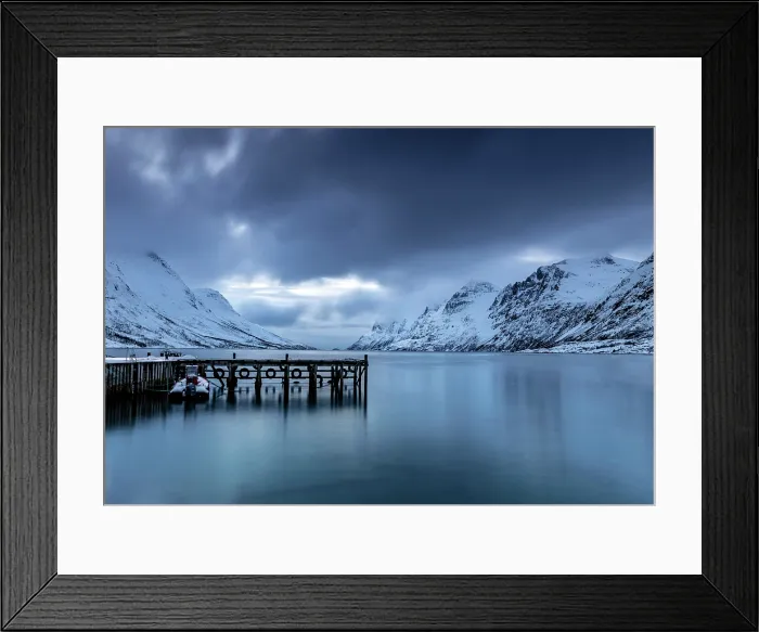 Framed Print : Jetty and snowy mountains at dusk, Ersfjorden, Ersfjordbotn, island of Kvaloya, near Tromos, Norway Framed Print : Jetty and snowy mountains at dusk, Ersfjorden, Ersfjordbotn, island of Kvaloya, near Tromos, Norway