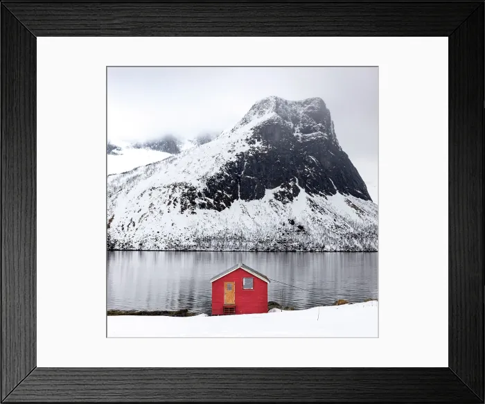 Framed Print : Red timber rorbu (cabin) with Bergsfjord and snow-covered mountains in the distance, Bergsbotn, Senja, Norway Framed Print : Red timber rorbu (cabin) with Bergsfjord and snow-covered mountains in the distance, Bergsbotn, Senja, Norway