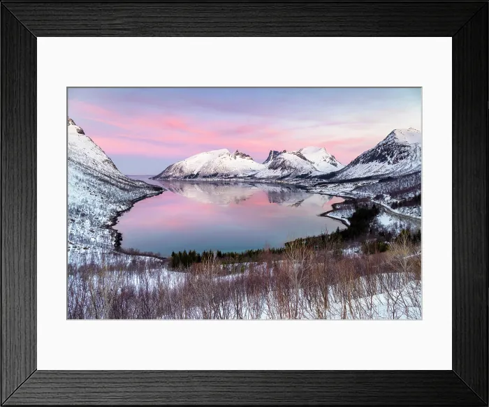 Framed Print : Snow-covered mountains reflecting in Bergsfjord from theBergsbotn viewpoint, Senja, Troms county, Norway