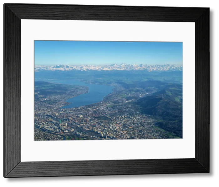 Framed Print : Aerial view of Zurich, Switzerland and its lake with snowy Alps in the background