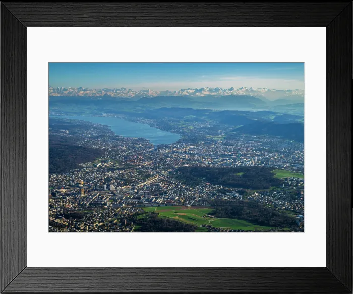 Framed Print : Aerial view of Zurich, Switzerland and its lake with snowy Alps in the background Framed Print : Aerial view of Zurich, Switzerland and its lake with snowy Alps in the background