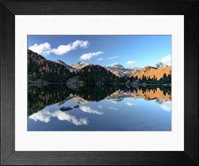 Framed Print : Autumn reflections at Lake Cavloc, Forno Valley, Maloja Pass, Engadin, Graubunden, Switzerland Framed Print : Autumn reflections at Lake Cavloc, Forno Valley, Maloja Pass, Engadin, Graubunden, Switzerland
