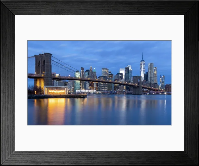 Framed Print : Manhattan, Brooklyn Bridge and Jane's Carousel at dawn, from Pebble Beach, Brooklyn Bridge Park, Dumbo, Brooklyn, New York City, New York, USA