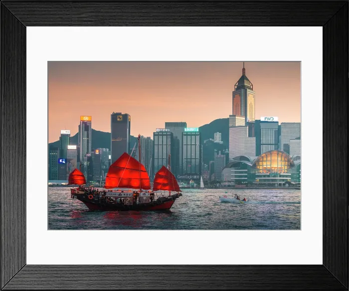 Framed Print : A Red Sail Junk in Hong Kong Harbour, Hong Kong, China Framed Print : A Red Sail Junk in Hong Kong Harbour, Hong Kong, China