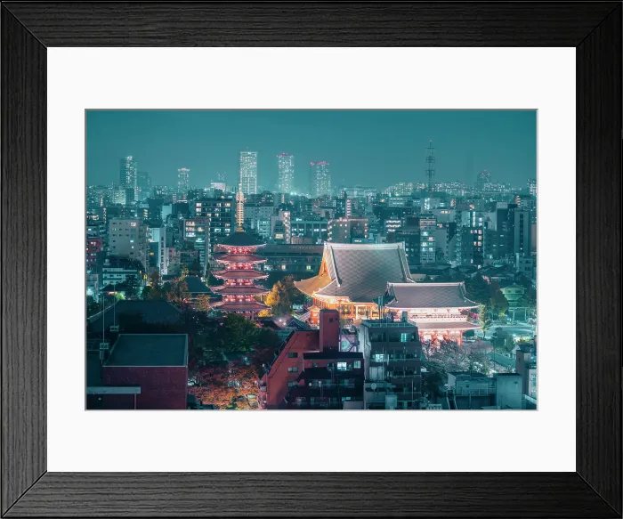 Framed Print : Senso-Ji temple, Asakusa, Tokyo, Kanto region, Japan. High angle view of the Five-Storied Pagoda illuminated at dusk Framed Print : Senso-Ji temple, Asakusa, Tokyo, Kanto region, Japan. High angle view of the Five-Storied Pagoda illuminated at dusk