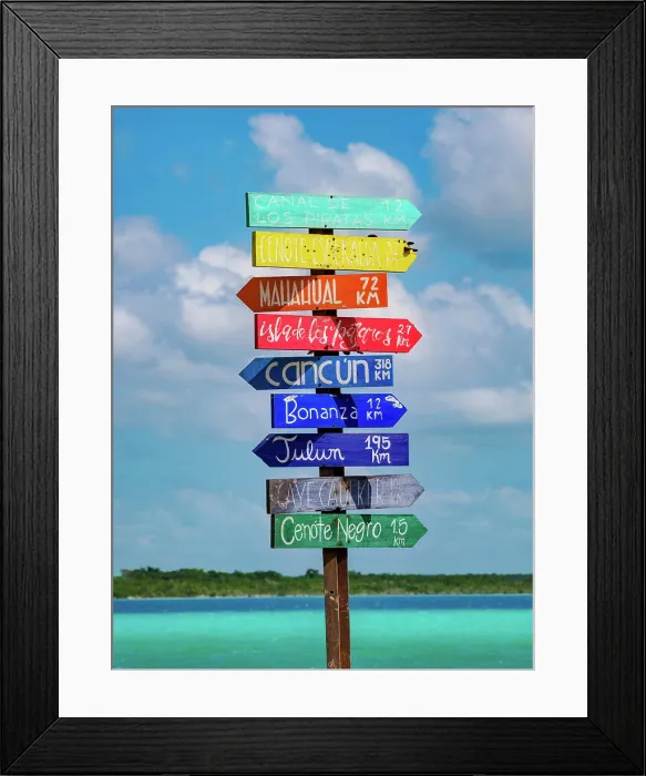 Framed Print : Sign with directions by the Bacalar Lagoon, Bacalar, Quintana Roo State, Mexico