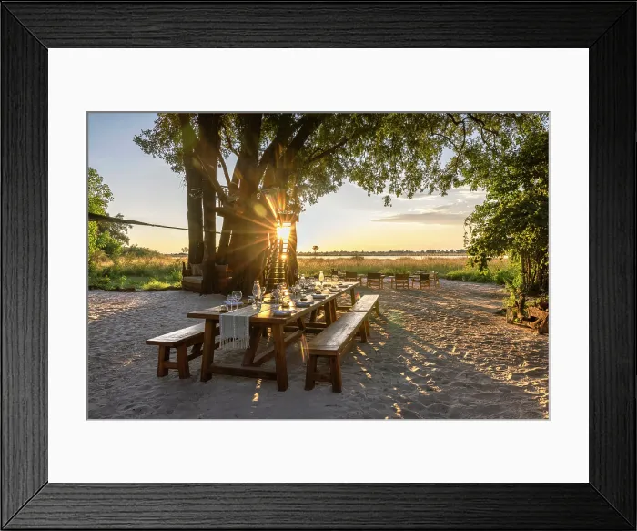 Framed Print : A table setting at a safari camp, Okavango Delta, Botswana Framed Print : A table setting at a safari camp, Okavango Delta, Botswana