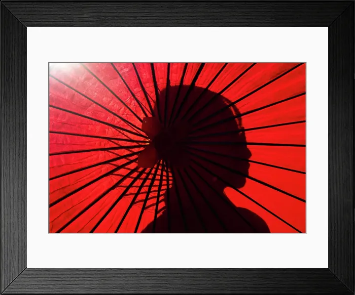 Framed Print : Portrait of asian woman holding a paper red umbrella, Japan Framed Print : Portrait of asian woman holding a paper red umbrella, Japan