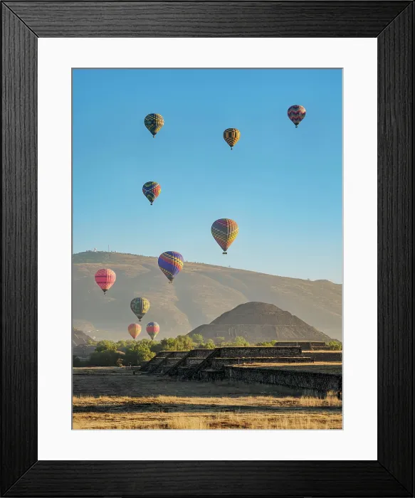 Framed Print : Hot air balloons flying over the Pyramid of the Sun at sunrise, Teotihuacan, Mexico State, Mexico Framed Print : Hot air balloons flying over the Pyramid of the Sun at sunrise, Teotihuacan, Mexico State, Mexico