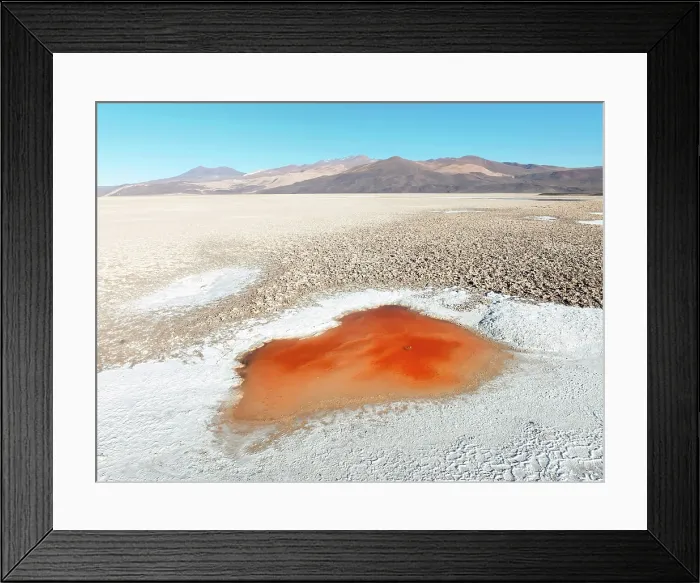Framed Print : Aerial view of a red lagoon in the Antofalla Salt Flat (Salar de Antofalla), Puna de Atacama, Catamarca, Argentina
