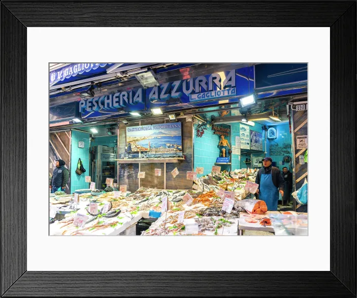Framed Print : 'Pescheria Azzurra' in Naples, Italy, offers fresh seafood, attracting customers with its vibrant display Framed Print : 'Pescheria Azzurra' in Naples, Italy, offers fresh seafood, attracting customers with its vibrant display